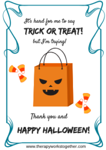halloween bag that looks like a pumpkin with text that is for non verbal kids who want to trick or treat